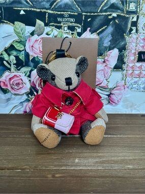 EUC Teddy Bear Keychain in Red Trench Coat with Pink Bag